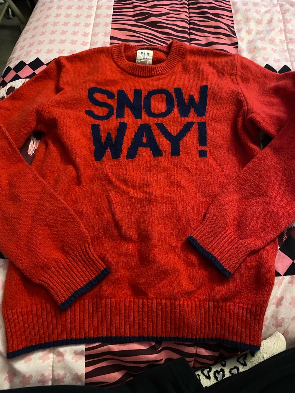 GAP Red Crewneck Sweater with Navy 'SNOW WAY!' Graphic